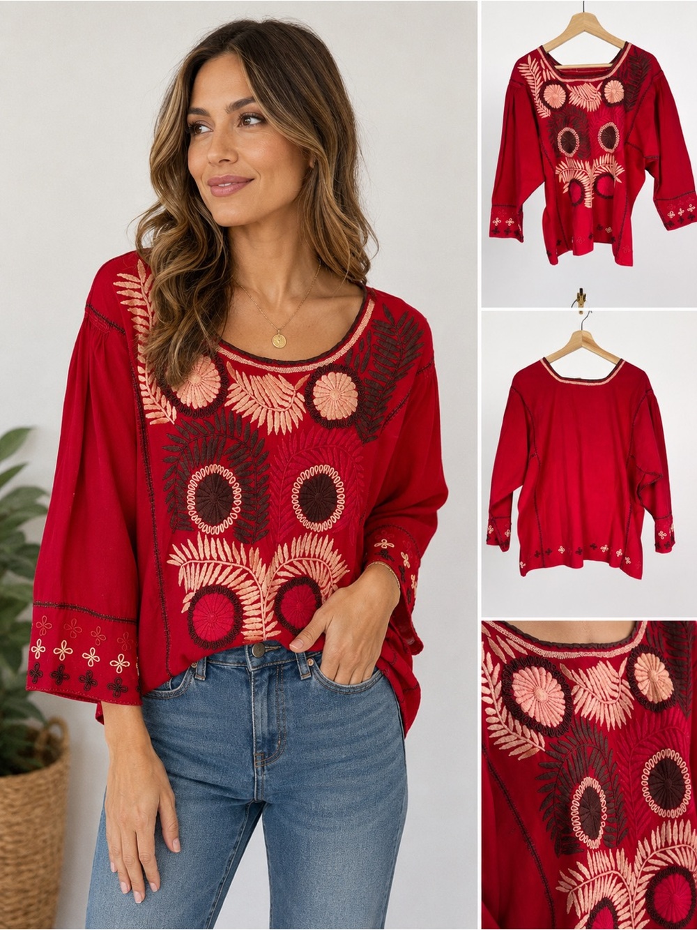 Boho Red Embroidered Blouse Floral Folk Art Tunic Top 3/4 Sleeve - Medium